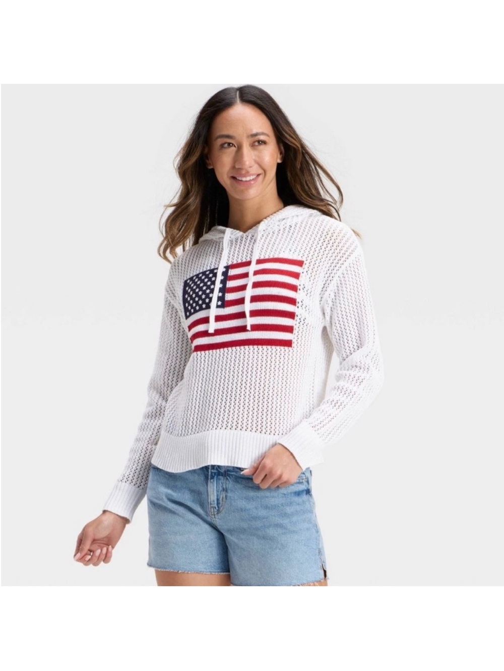 Universal Thread™ MEDIUM Open Stitch Hooded Pullover Sweater - American Flag.